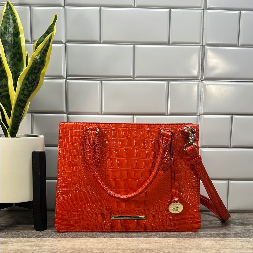 Brahmin SALSA Bright Orange Croc-Embossed Satchel